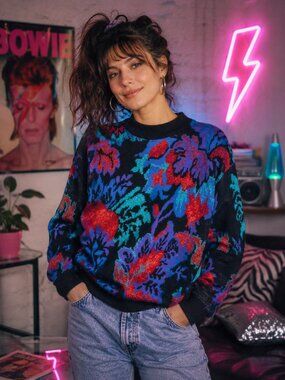 Vintage 80s Rose Floral Sweater Women’s Size L –Made in USA Pullover Cottagecore